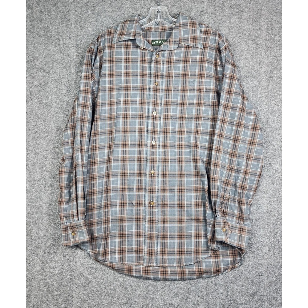 Orvis Button Down Shirt Mens Medium Brown Grey Plaid Long Sleeve 2C1B